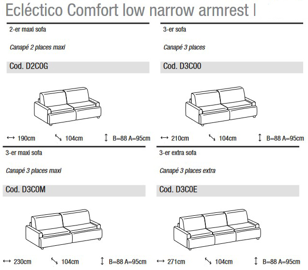 Dimensiones del Sofá Eclectico Comfort Ditre Italia para 2 y 3 Asientos Lineales